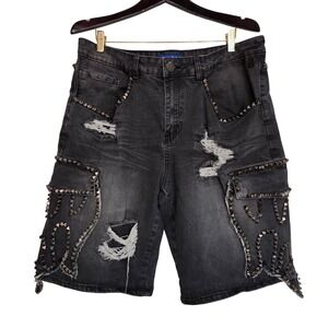R3bel Mens Baggy Fit Distressed Studded Denim Cargo Shorts Black Size 38 Y2K